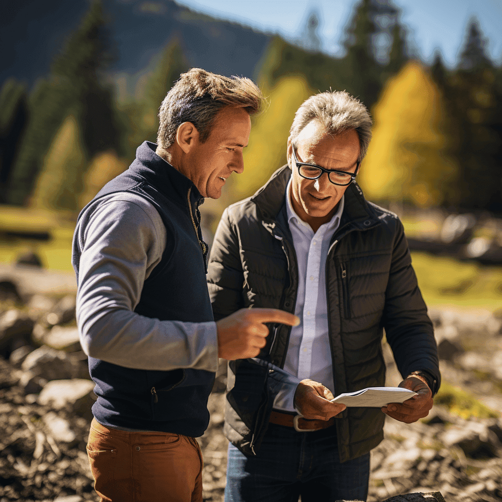 Makler und Kunde besprechen Unterlagen im Freien